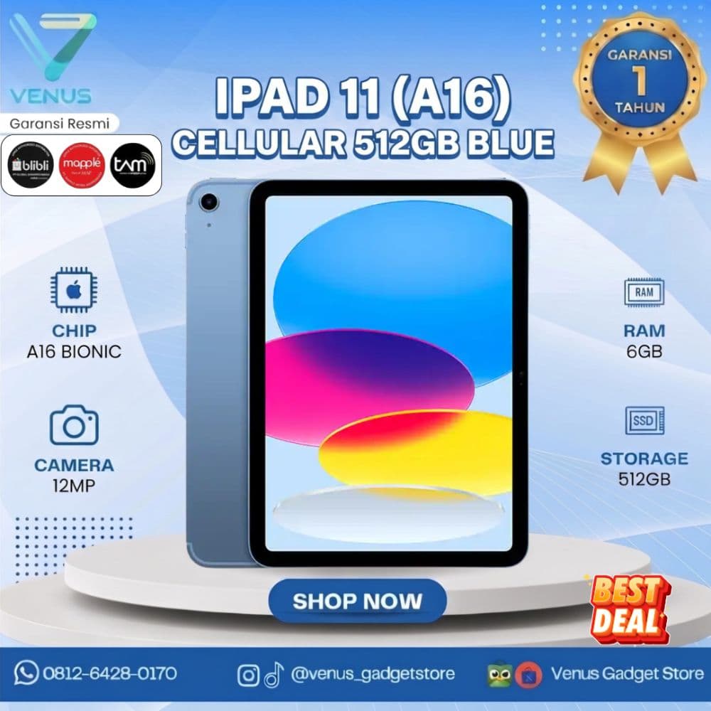 BNIB IPAD 11 A16 WIFI CELL 512GB - BLUE Baru / Segel Bergaransi Resmi di Venus Gadget Surabaya