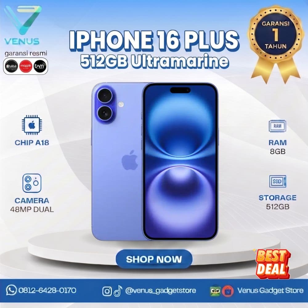 BNIB IPHONE 16 PLUS 512GB - ULTRAMARINE Baru / Segel Bergaransi Resmi di Venus Gadget Surabaya