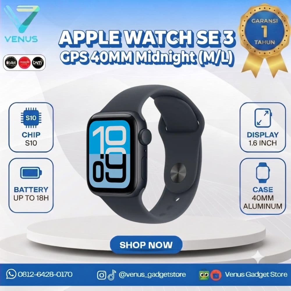 BNIB APPLE WATCH SE 3 GPS 40MM SPORT BAND - MIDNIGHT WITH MIDNIGHT (M/L) Baru / Segel Bergaransi Resmi di Venus Gadget Surabaya