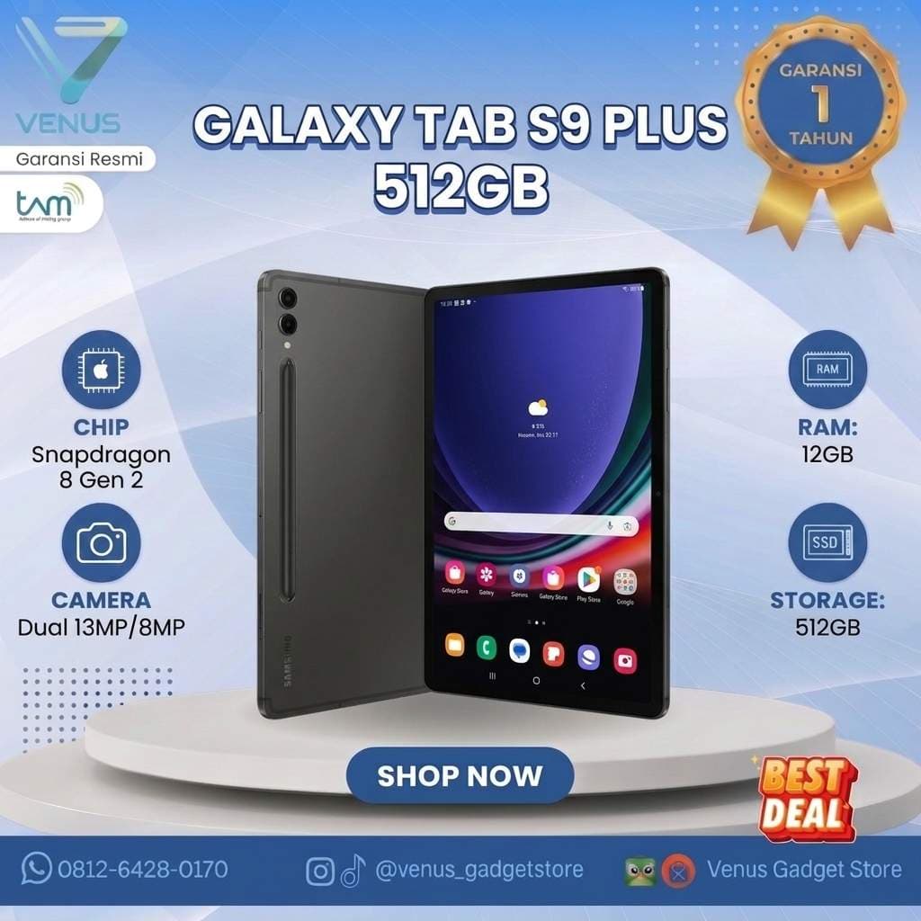 BNIB SAMSUNG GALAXY TAB S9+ 12/512GB Baru / Segel Bergaransi Resmi di Venus Gadget Surabaya