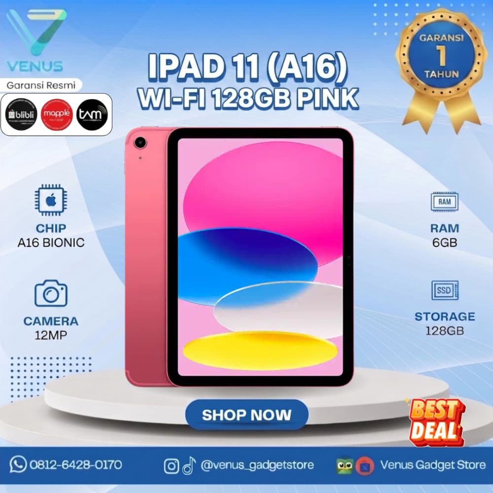 BNIB IPAD 11 A16 WIFI 128GB - PINK Baru / Segel Bergaransi Resmi di Venus Gadget Surabaya