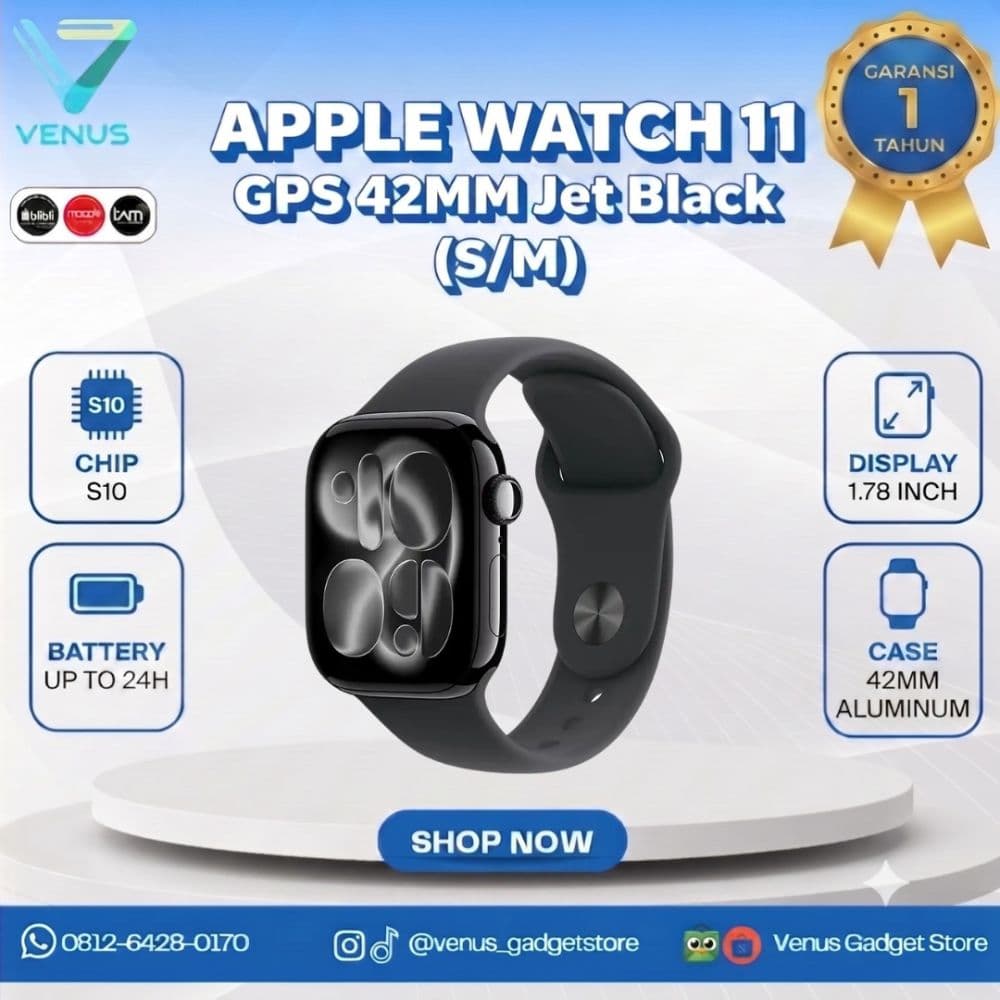 BNIB APPLE WATCH S11 GPS 42MM SPORT BAND - JETBLACK WITH BLACK (S/M) Baru / Segel Bergaransi Resmi di Venus Gadget Surabaya
