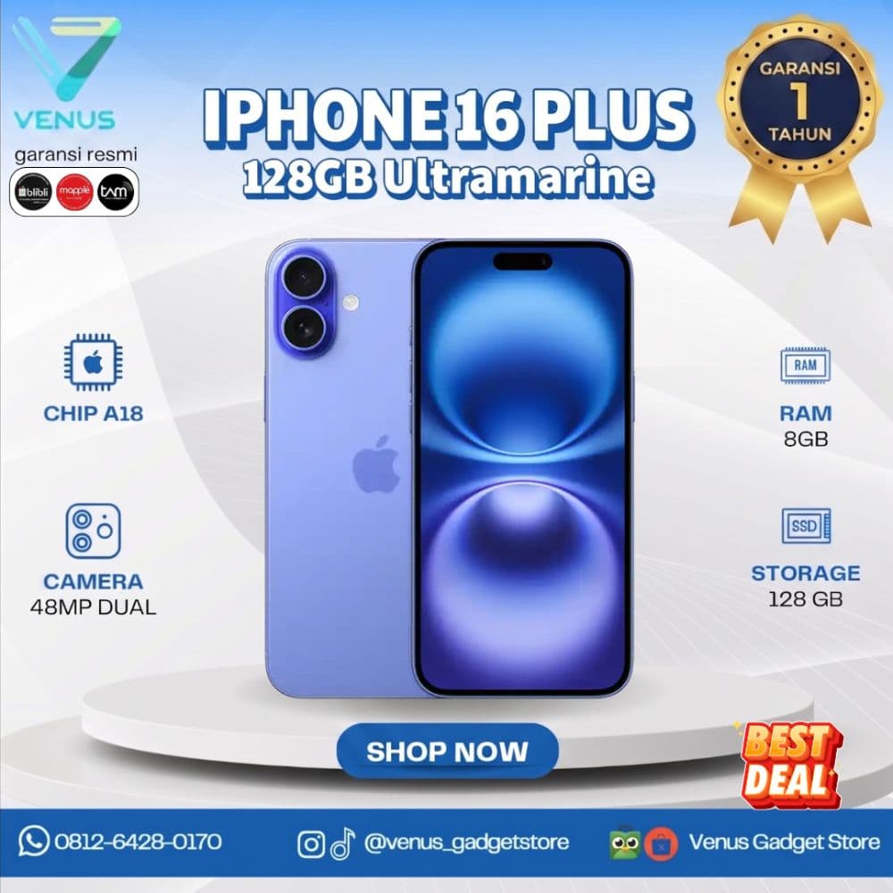 BNIB IPHONE 16 PLUS 128GB - ULTRAMARINE Baru / Segel Bergaransi Resmi di Venus Gadget Surabaya