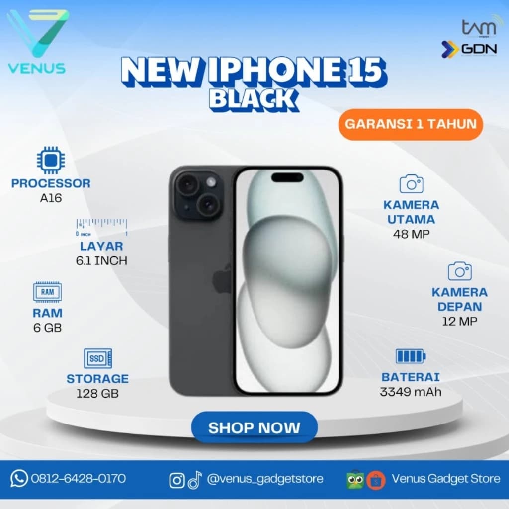 BNIB IPHONE 15 128GB - BLACK Baru / Segel Bergaransi Resmi di Venus Gadget Surabaya