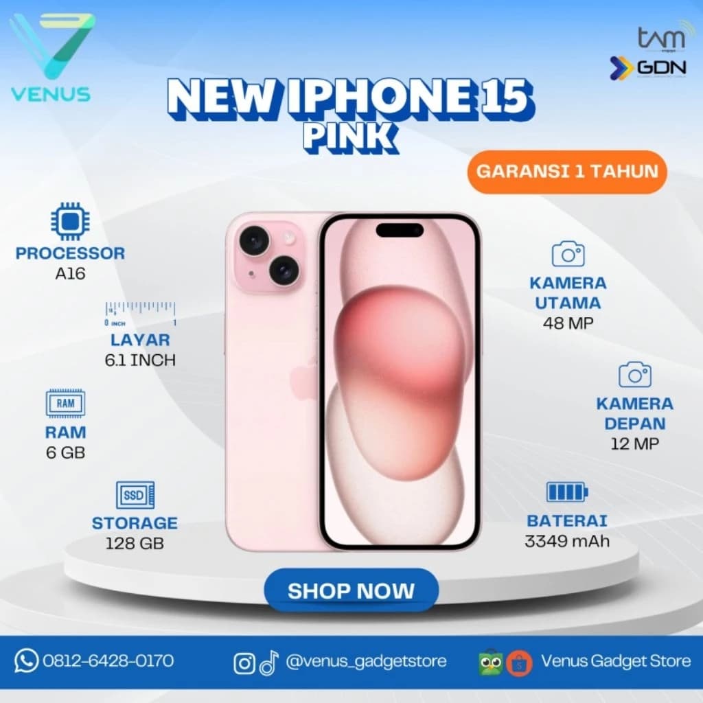 BNIB IPHONE 15 128GB - PINK Baru / Segel Bergaransi Resmi di Venus Gadget Surabaya