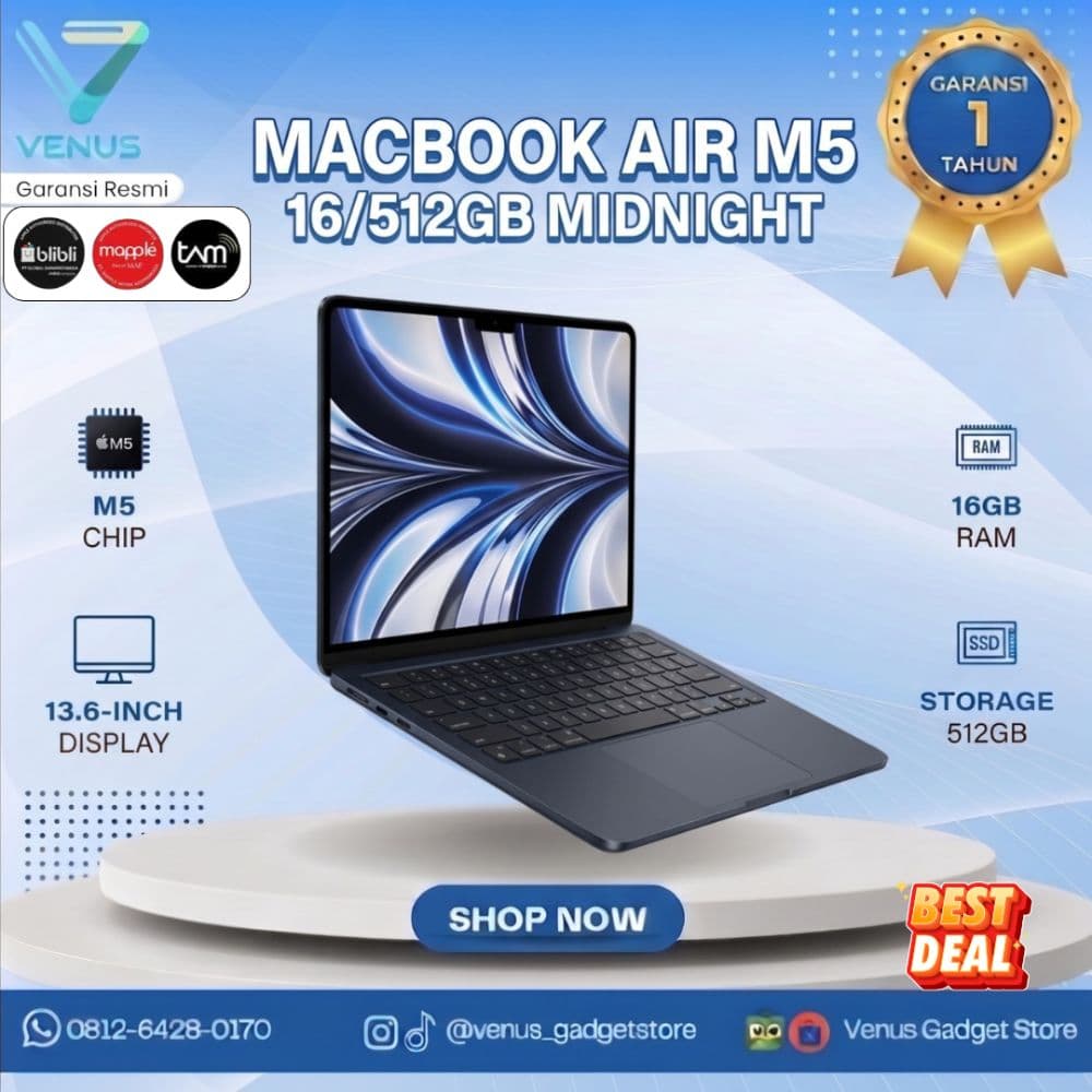 BNIB MACBOOK AIR M5 2026 13INCH 16/512GB - MIDNIGHT Baru / Segel Bergaransi Resmi di Venus Gadget Surabaya