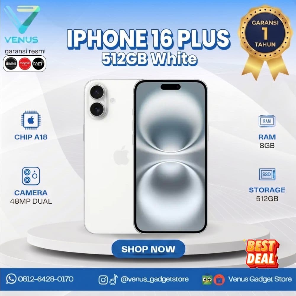 BNIB IPHONE 16 PLUS 512GB - WHITE Baru / Segel Bergaransi Resmi di Venus Gadget Surabaya